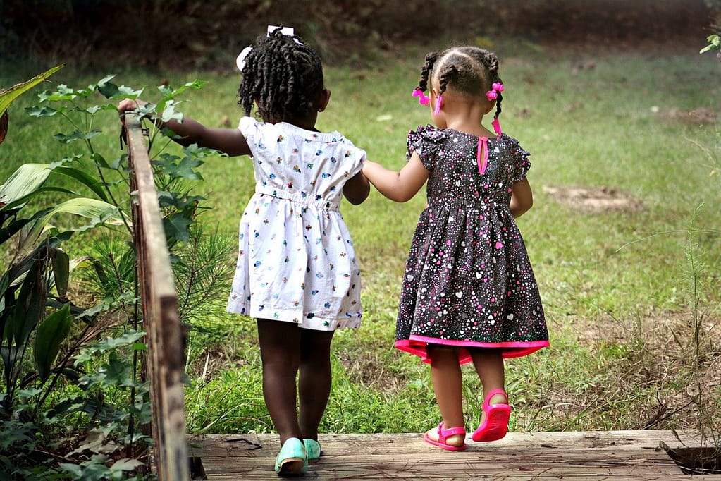 Two young children are crossing a wooden bridge and holding hands. They are facing away from the camera.