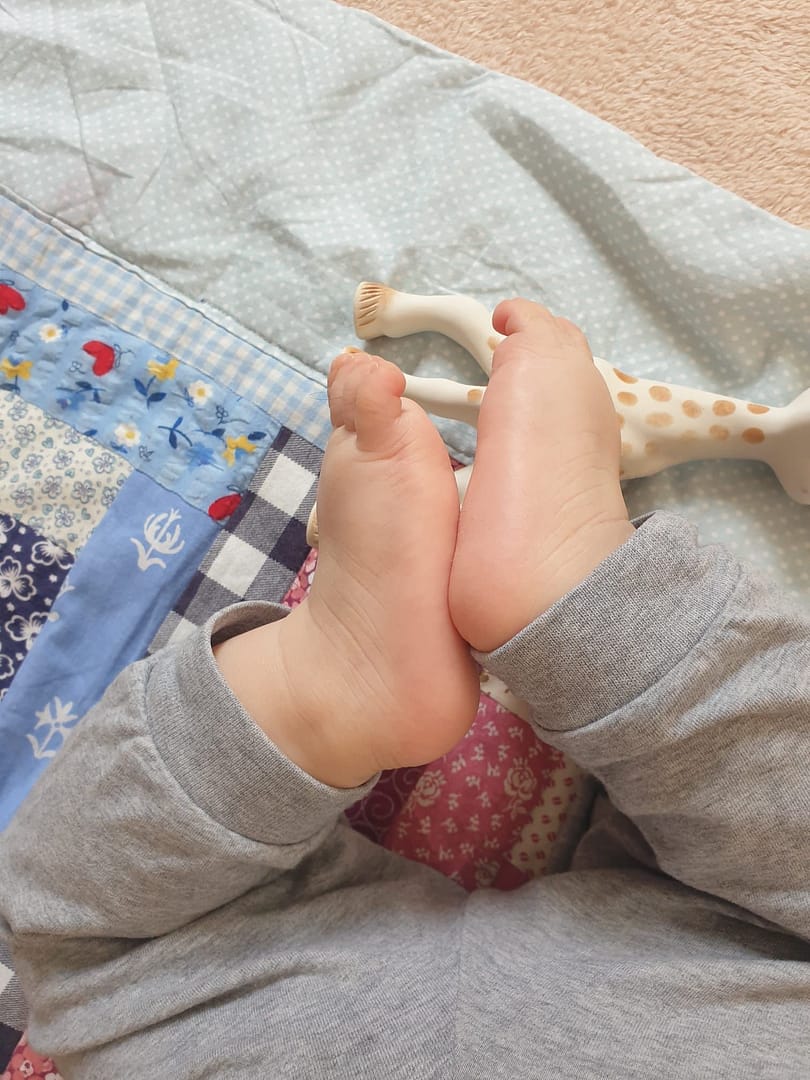 Baby feet on a blanket with a Sophie the giraffe toy.